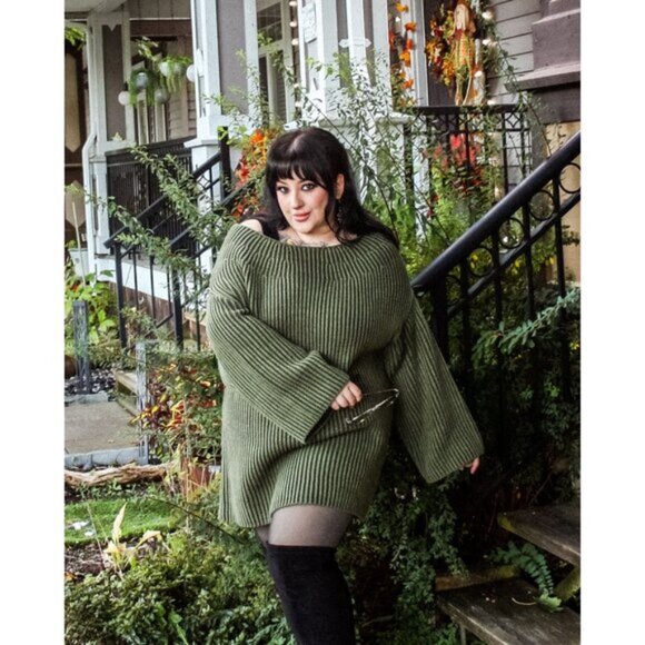 FREE PEOPLE Boat Neck Tunic Sweater in Chive Combo Size X-Large - Picture 3 of 10